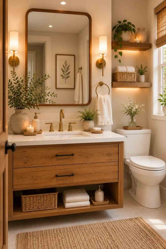 Guest bathroom with natural wood vanity, wood mirror frame, woven accents, and soft neutral styling