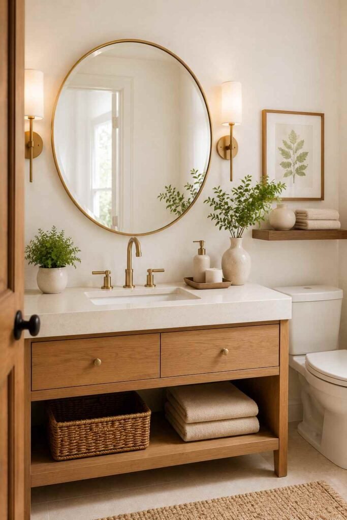 Fresh guest bathroom with green plants, cream vanity, brass fixtures, and natural decorative accents
