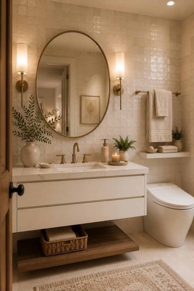 Guest bathroom with textured cream wall tile, white vanity, marble countertop, and brass fixtures
