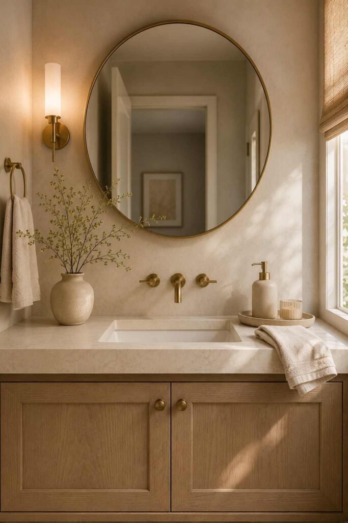 Guest bathroom vanity styled with a ceramic tray, soap dispenser, folded towel, and greenery
