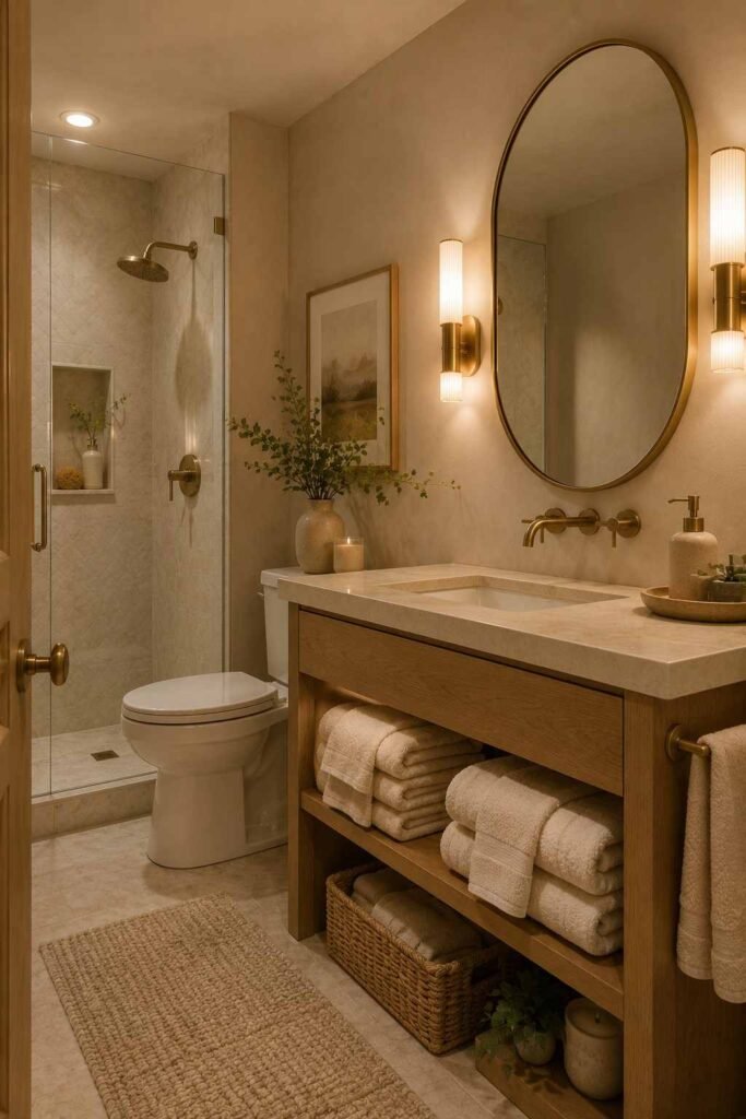 Cozy guest bathroom with plush cream towels, woven basket, linen accents, and natural textures

