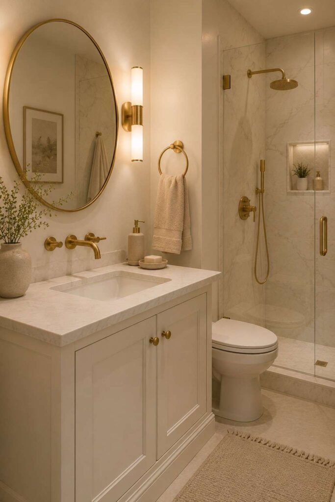 Elegant guest bathroom with brushed brass faucet, hardware, towel ring, marble, and neutral decor
