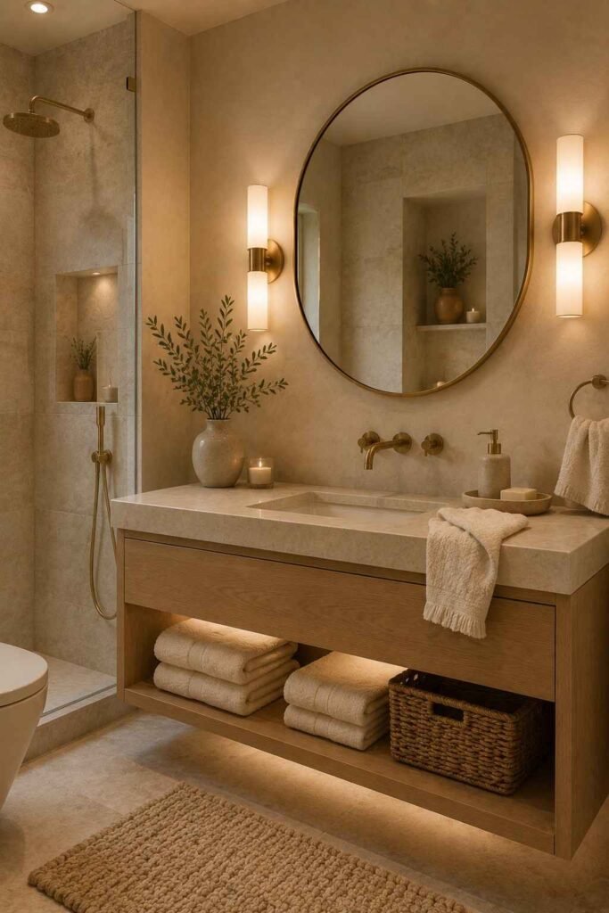 Spa-like guest bathroom with warm beige walls, oak vanity, fluffy towels, greenery, and soft lighting
