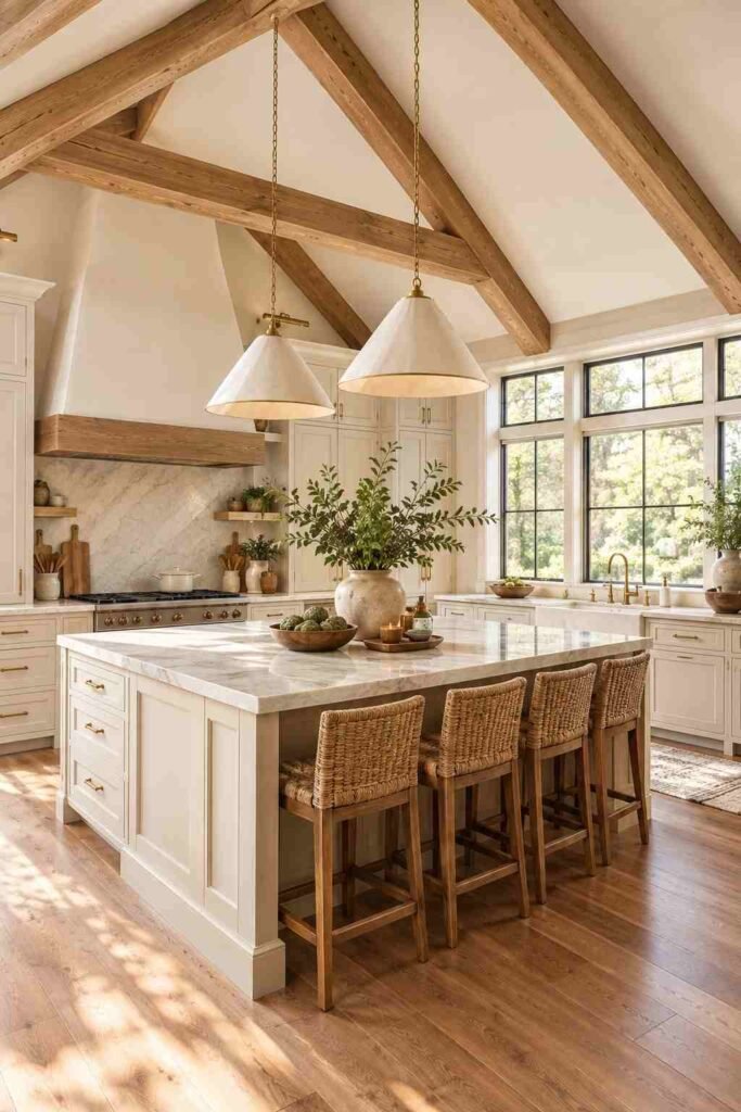  Vaulted kitchen with exposed natural oak ceiling beams, cream cabinetry, marble island, and warm organic styling.
