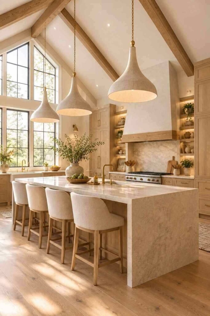  Spacious vaulted kitchen with oversized pendant lights above a large stone island and warm neutral cabinetry.
