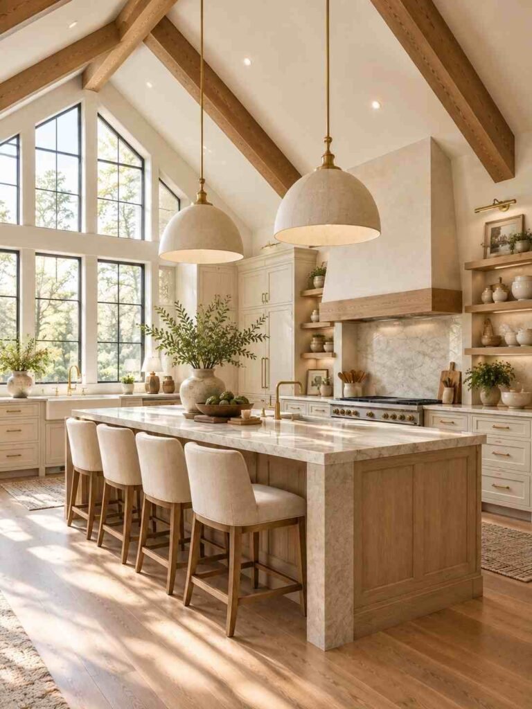  Bright vaulted ceiling kitchen with floor-to-ceiling windows, cream cabinets, natural wood, and abundant daylight.
