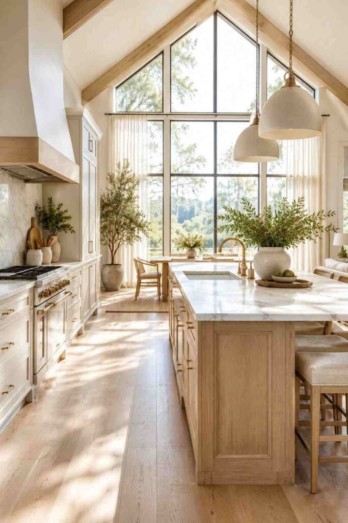  Warm neutral vaulted kitchen with tall cream cabinetry, natural stone countertops, oak flooring, and brass hardware.
