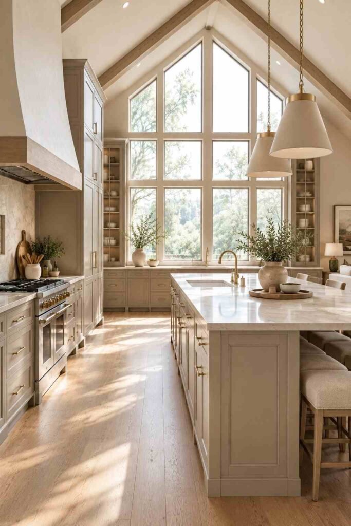 Soft white vaulted kitchen ceiling paired with warm wood beams, cream cabinets, marble, and natural light.
