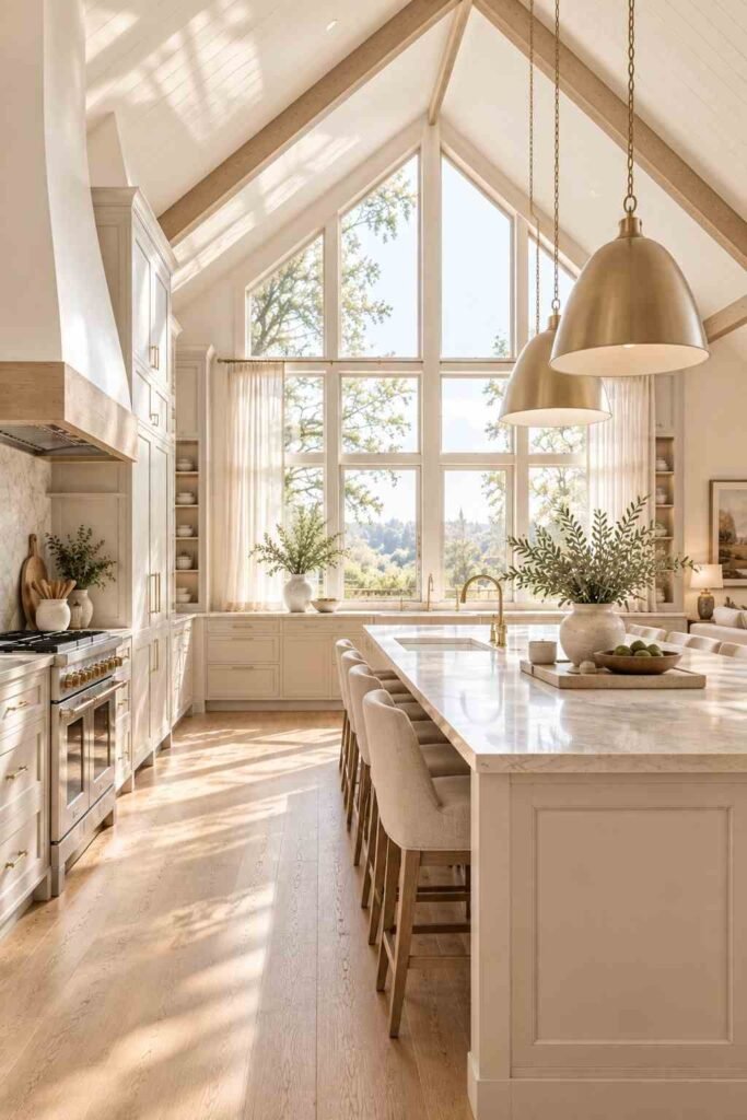 Vaulted kitchen centered around a large veined natural stone island with warm oak cabinets and exposed beams.

