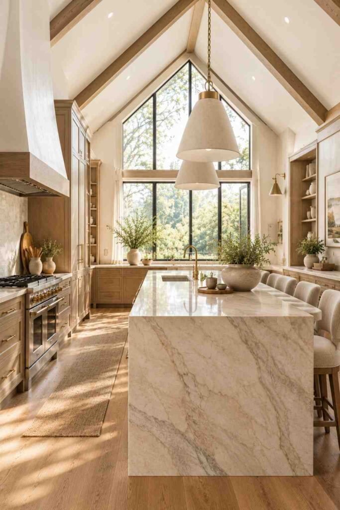  Vaulted kitchen centered around a large veined natural stone island with warm oak cabinets and exposed beams.
