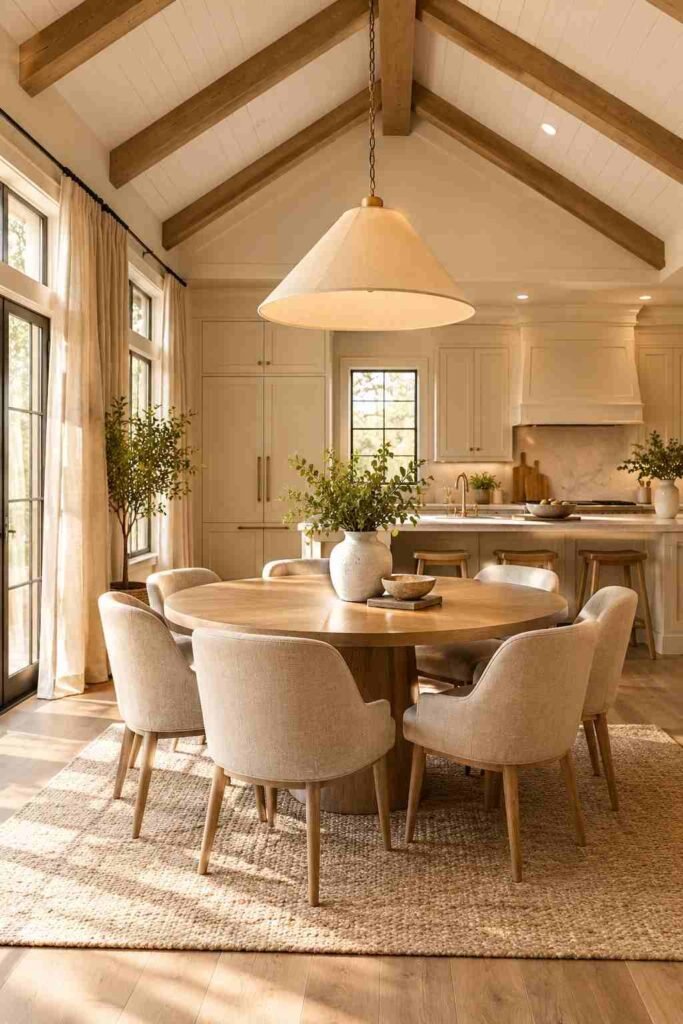  Cozy dining area inside a vaulted kitchen with an oak table, upholstered chairs, pendant light, and exposed beams.
