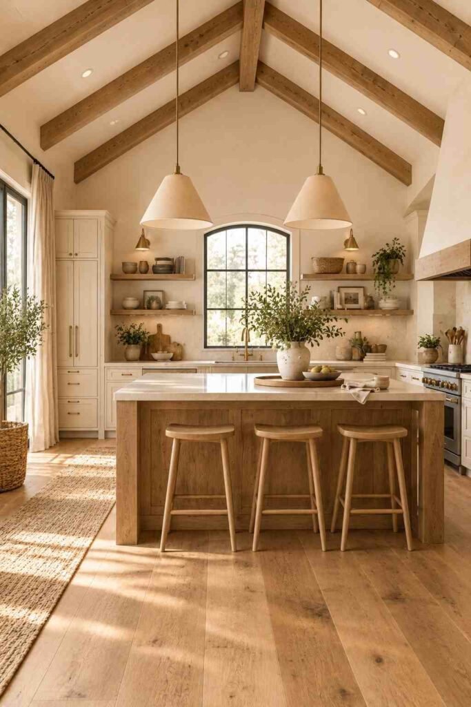  Warm vaulted kitchen featuring natural oak flooring, wooden island, shelves, beams, cream cabinetry, and woven accents.
