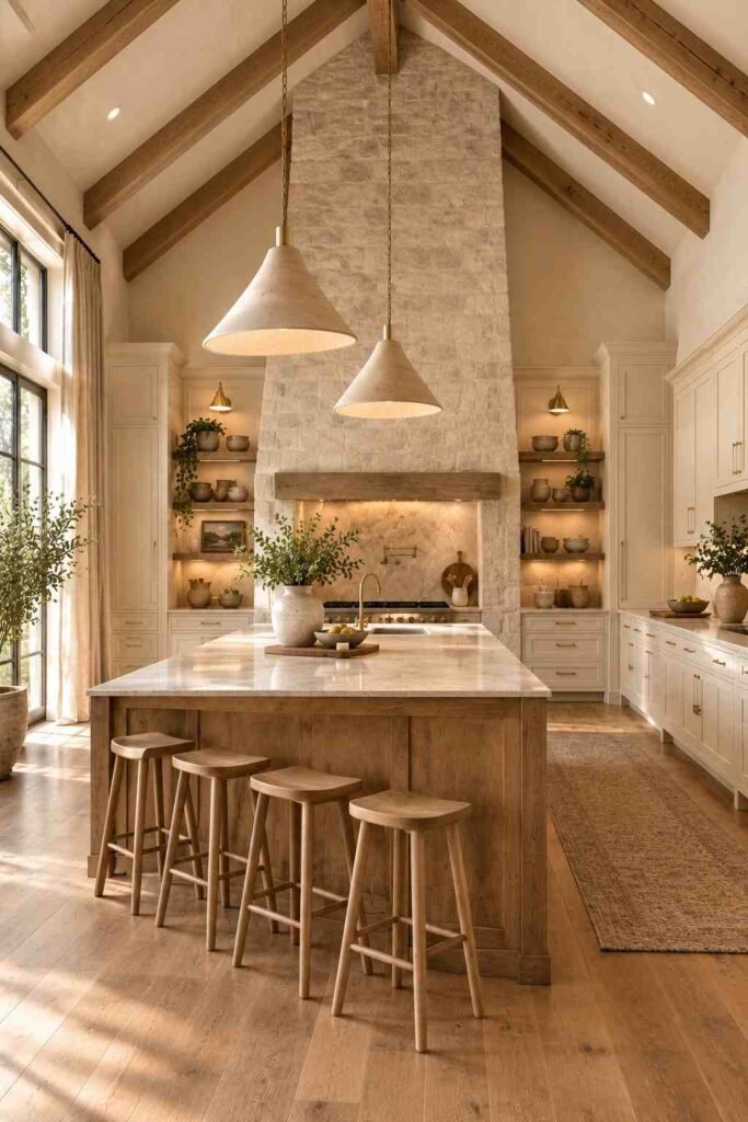  Vaulted kitchen with a tall limestone fireplace, oak island, cream cabinetry, exposed beams, and warm lighting.
