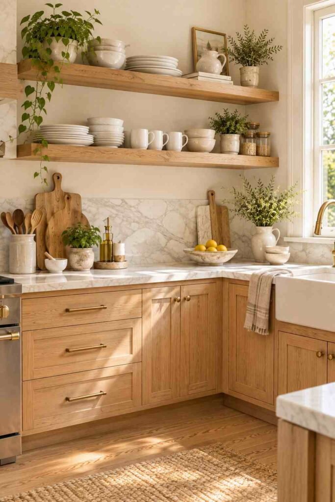  White dinnerware neatly arranged on wooden floating shelves in a bright neutral kitchen.
