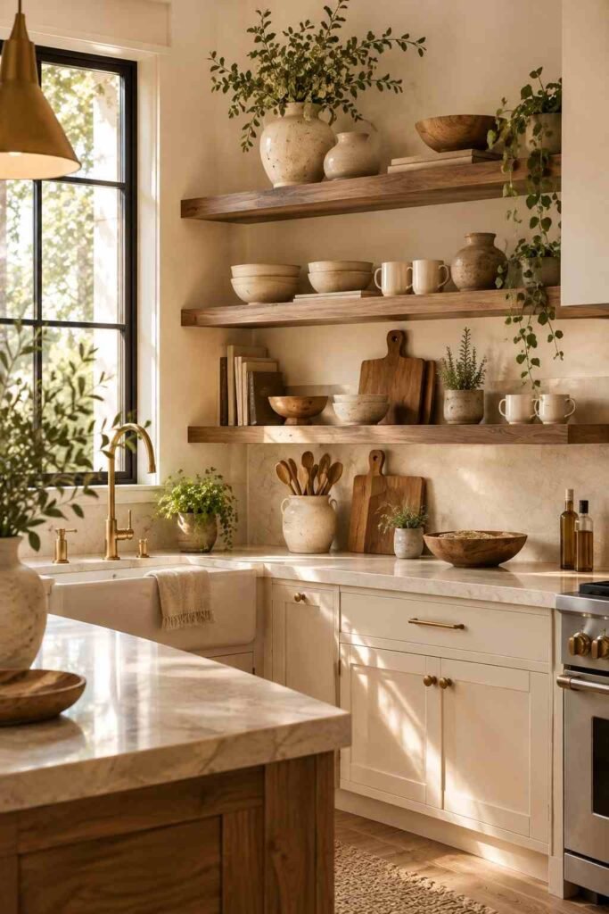  Kitchen floating shelves combining handmade ceramics, wooden cutting boards, bowls, and greenery.
