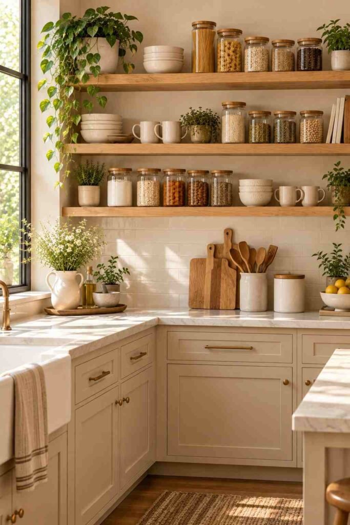  Glass pantry jars filled with dry ingredients arranged neatly on warm wooden kitchen shelves.
