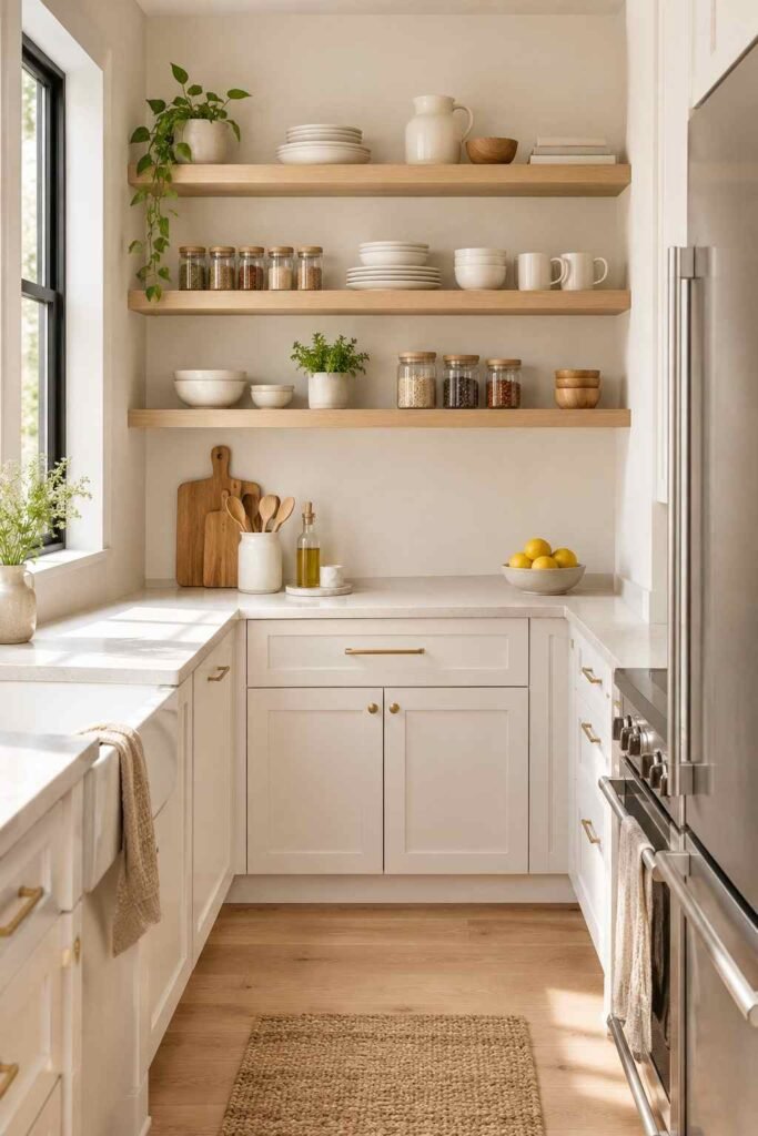  Small kitchen using slim floating shelves for dishes, mugs, spices, and simple decorative storage.
