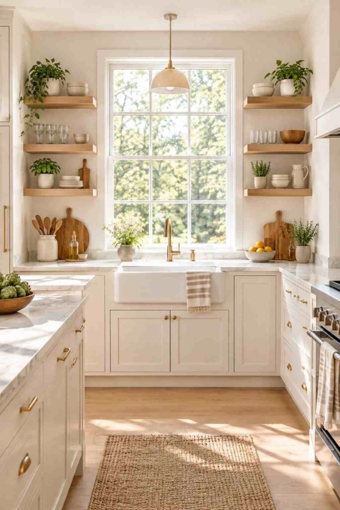  Kitchen window framed by natural wood floating shelves decorated with ceramics, herbs, and glassware.
