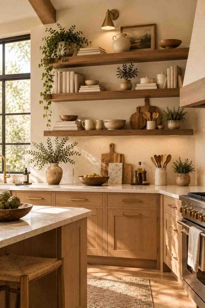  Kitchen floating shelves styled with neutral cookbooks, ceramics, wooden boards, and greenery.
