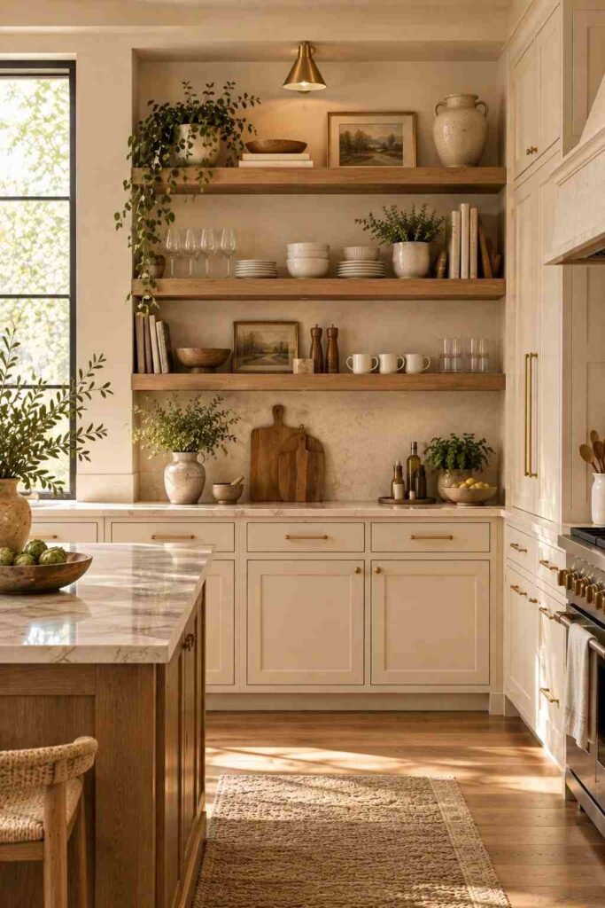  Modern kitchen combining open wooden shelves with closed cream cabinets for balanced storage and display.
