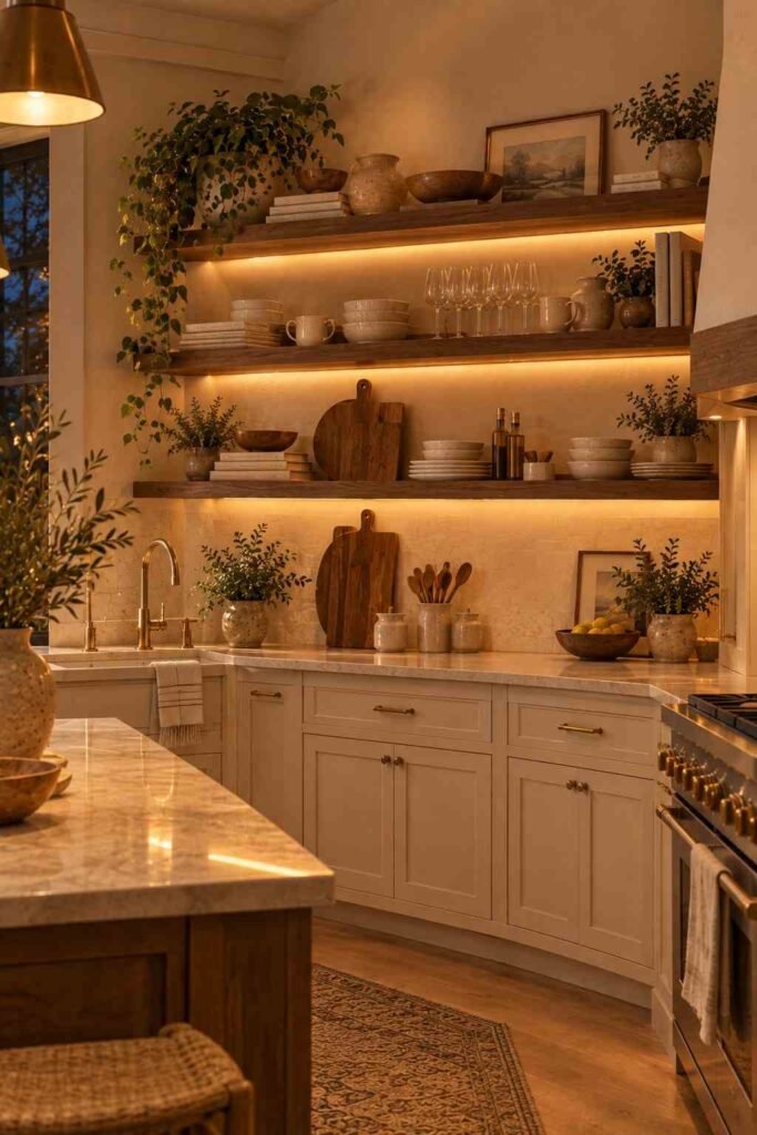  Warmly illuminated walnut floating shelves displaying ceramics, glassware, greenery, and wooden kitchen accessories.
