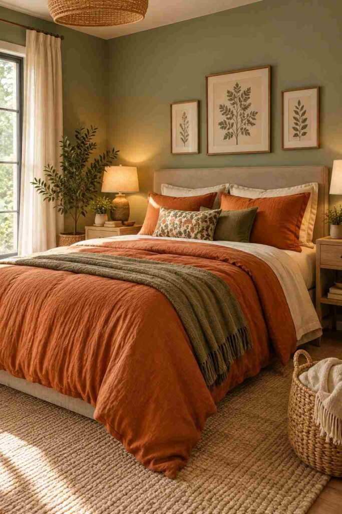 Sage green bedroom with burnt orange bedding and natural wood furniture
