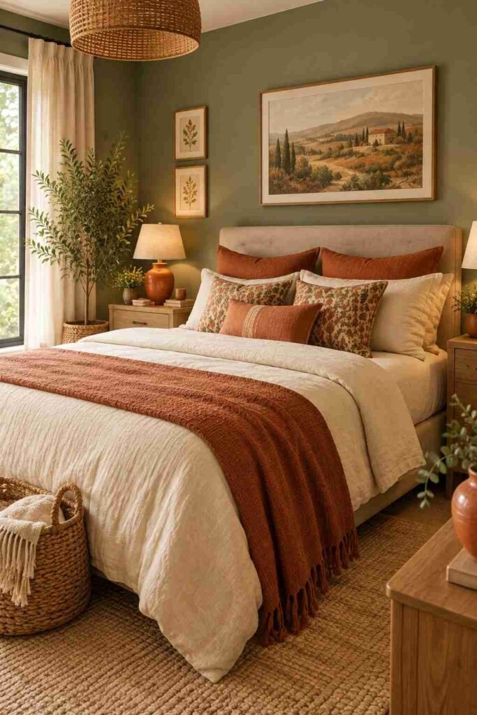 Green bedroom with terracotta accents and earthy natural decor