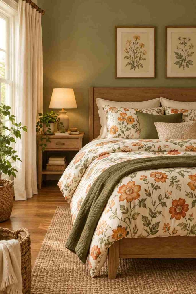 Green bedroom with orange floral bedding and botanical decor