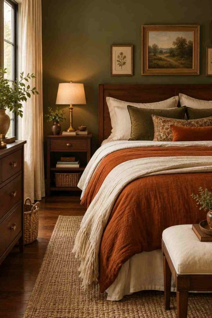 Olive green and rust orange bedroom with walnut furniture
