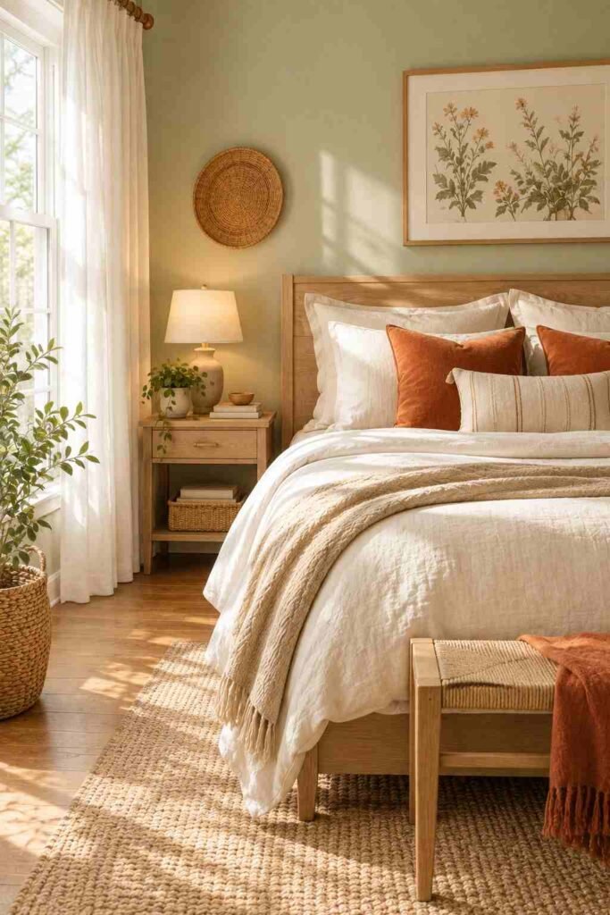 Light green bedroom with burnt orange cushions and oak furniture