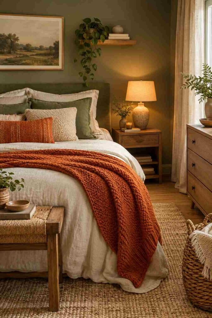 Cozy green and orange bedroom with layered natural textures