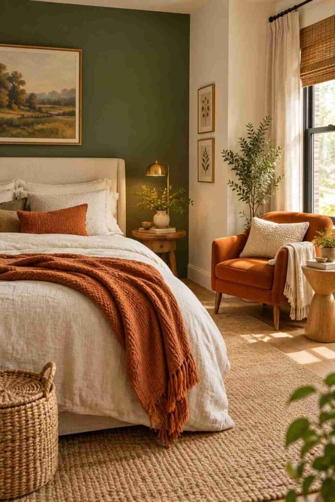 Green accent wall bedroom with burnt orange chair and reading corner