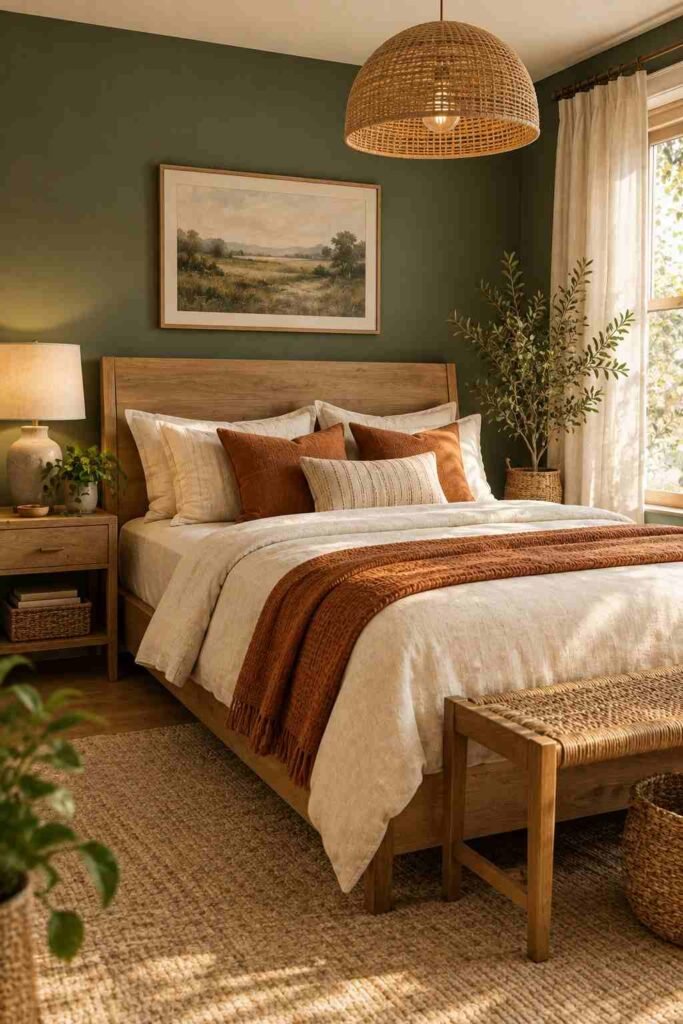 Green and orange bedroom with natural oak furniture and plants