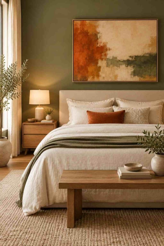 Deep green bedroom with soft orange accents and warm brass lighting