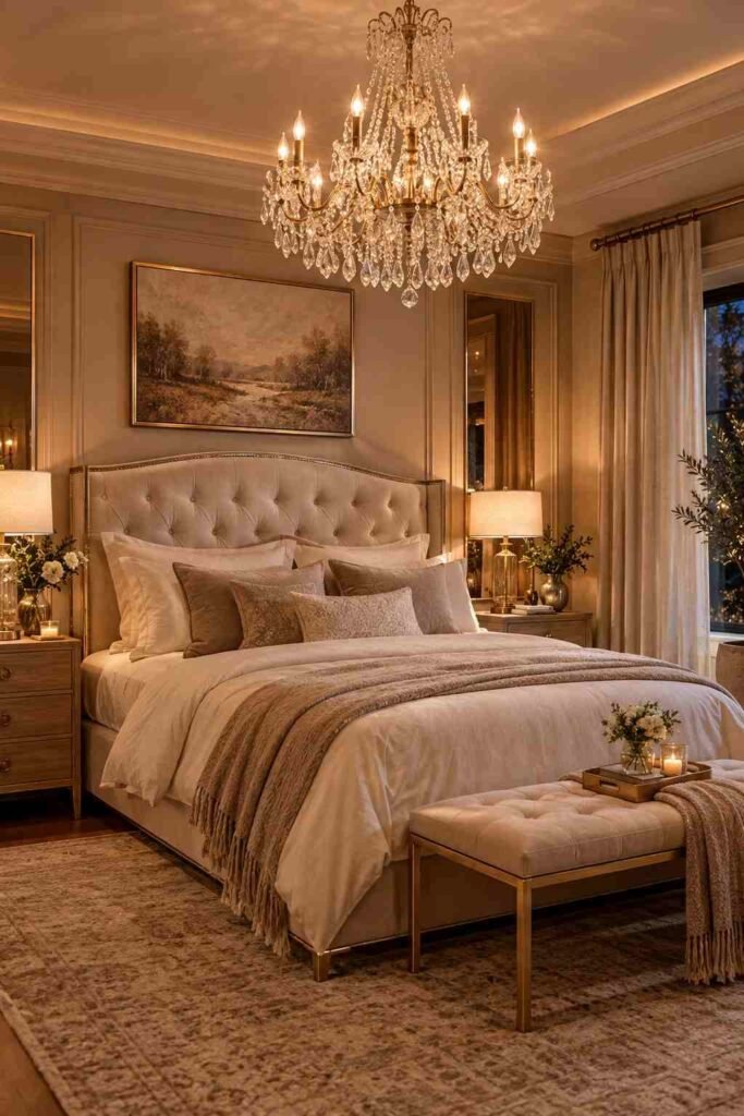 Crystal chandelier hanging above an elegant cream bedroom bed