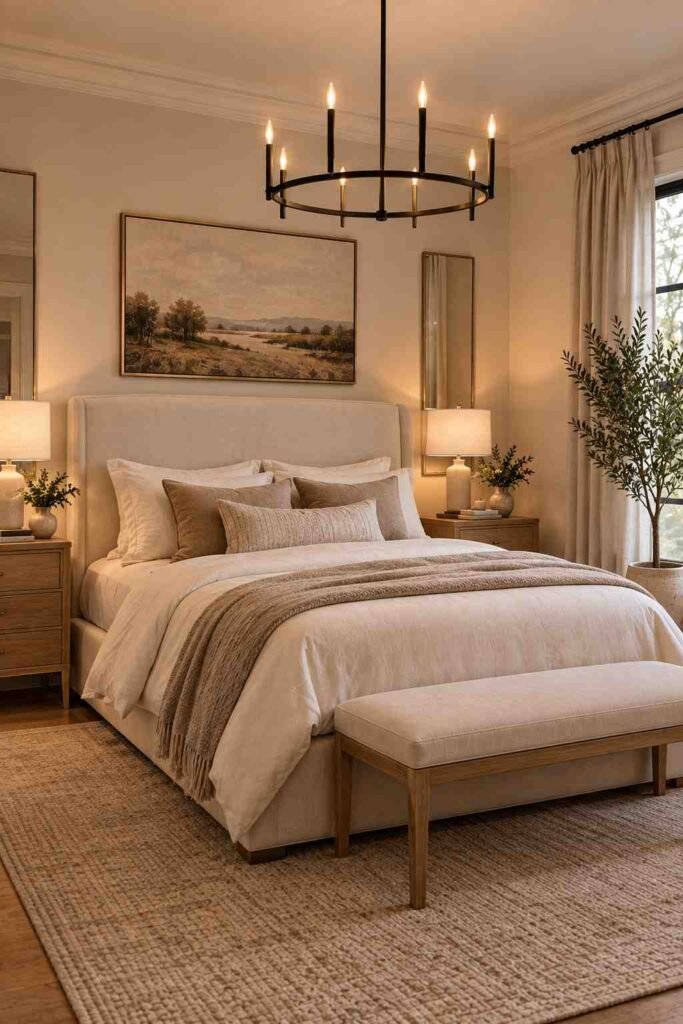 Modern bedroom with a sleek black chandelier and neutral decor