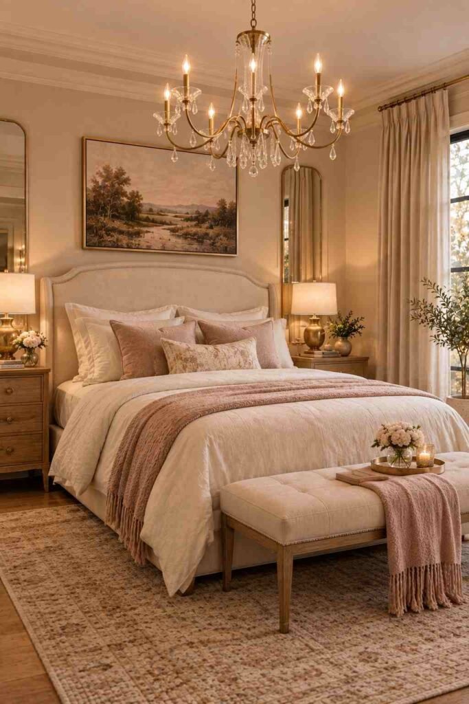 Gold chandelier in a warm elegant bedroom with cream bedding