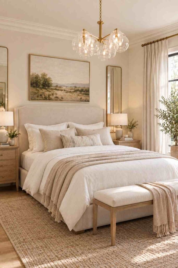 Simple glass chandelier in a bright neutral bedroom