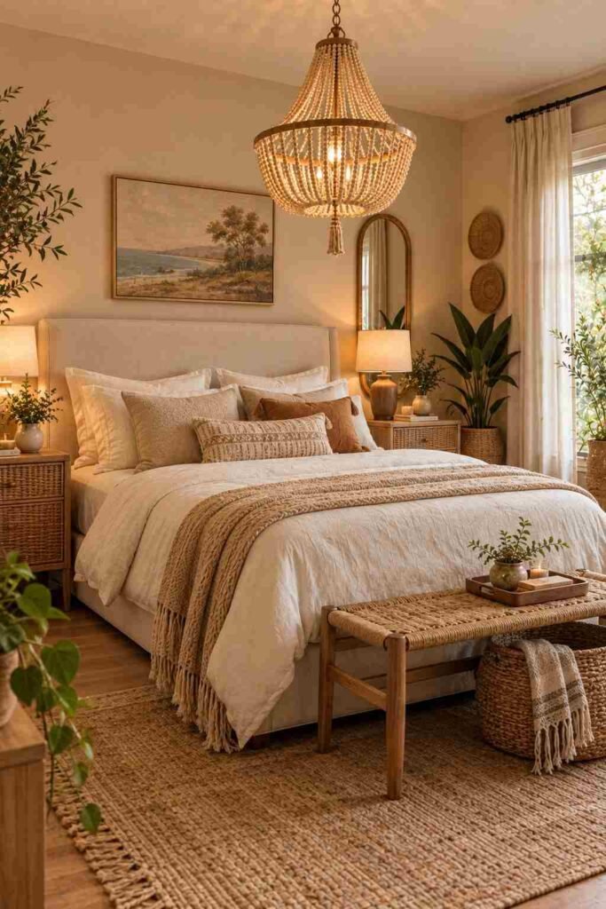 Boho bedroom with a natural wood beaded chandelier
