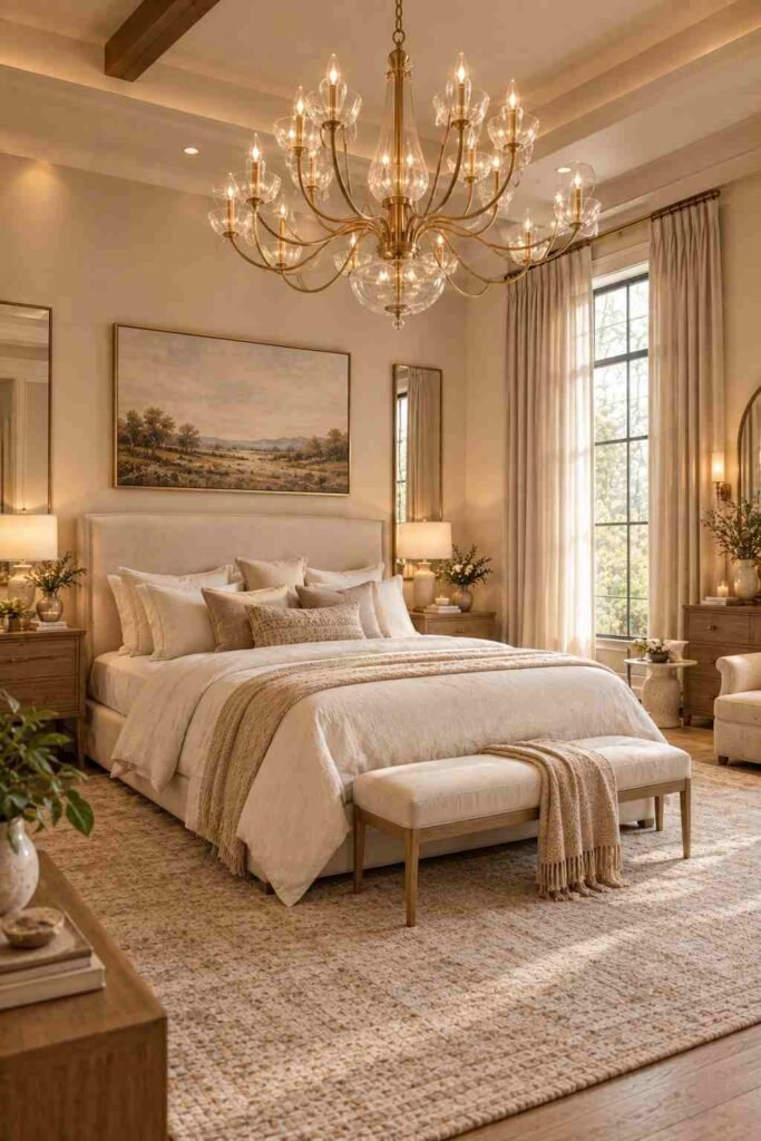Luxury bedroom with an oversized sculptural chandelier