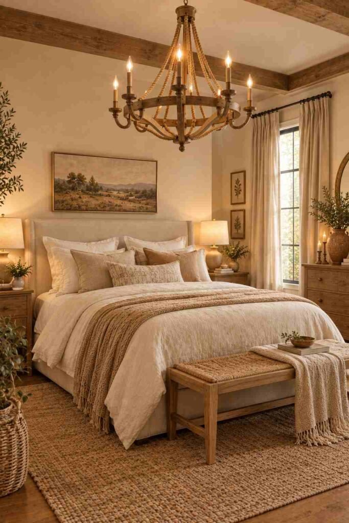 Rustic bedroom with a wooden chandelier and natural decor