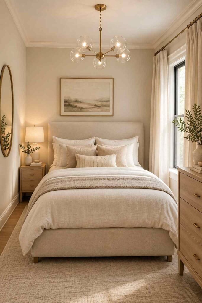Small bedroom with a delicate compact chandelier and light decor