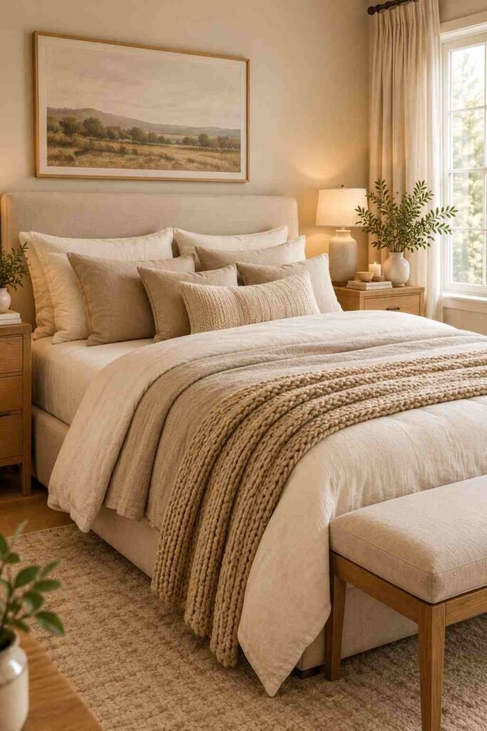Layered cream and beige bedding creating a cozy neutral bedroom