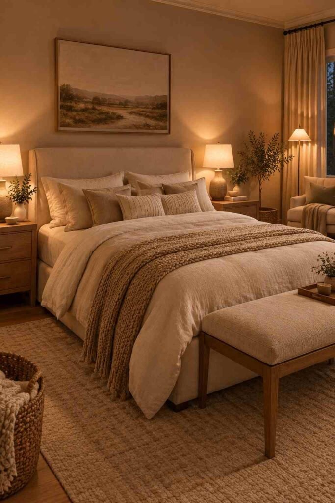 Cozy bedroom with warm bedside lamps and layered evening lighting