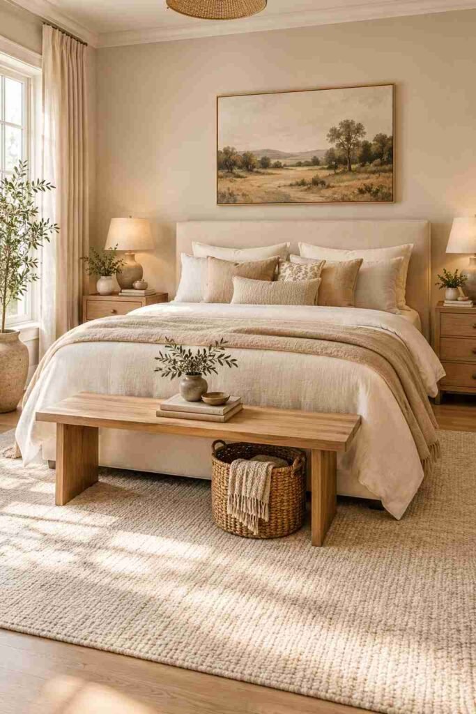 Natural wood bedroom furniture with warm neutral decor and soft textures