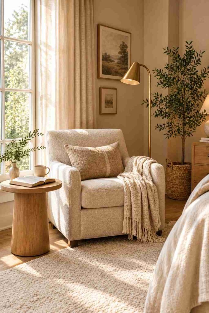 Cozy bedroom reading corner with beige chair, brass lamp, and wooden side table