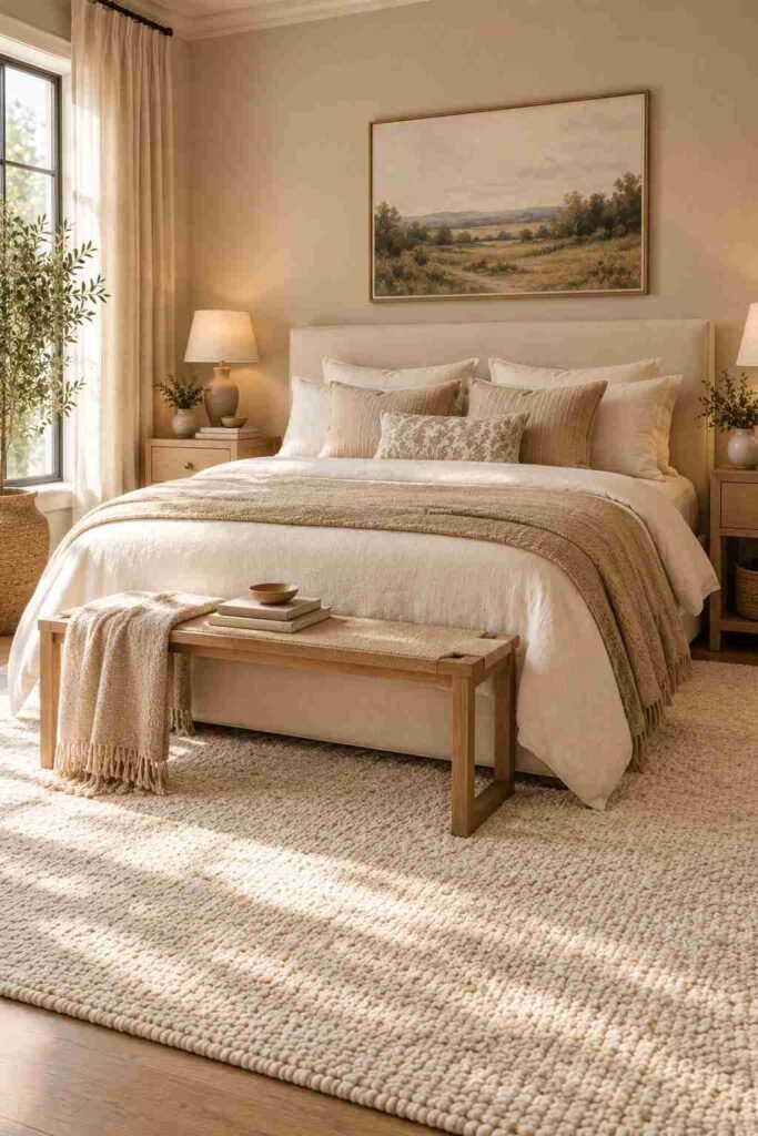 Ivory textured rug layered beneath a cozy neutral bedroom bed