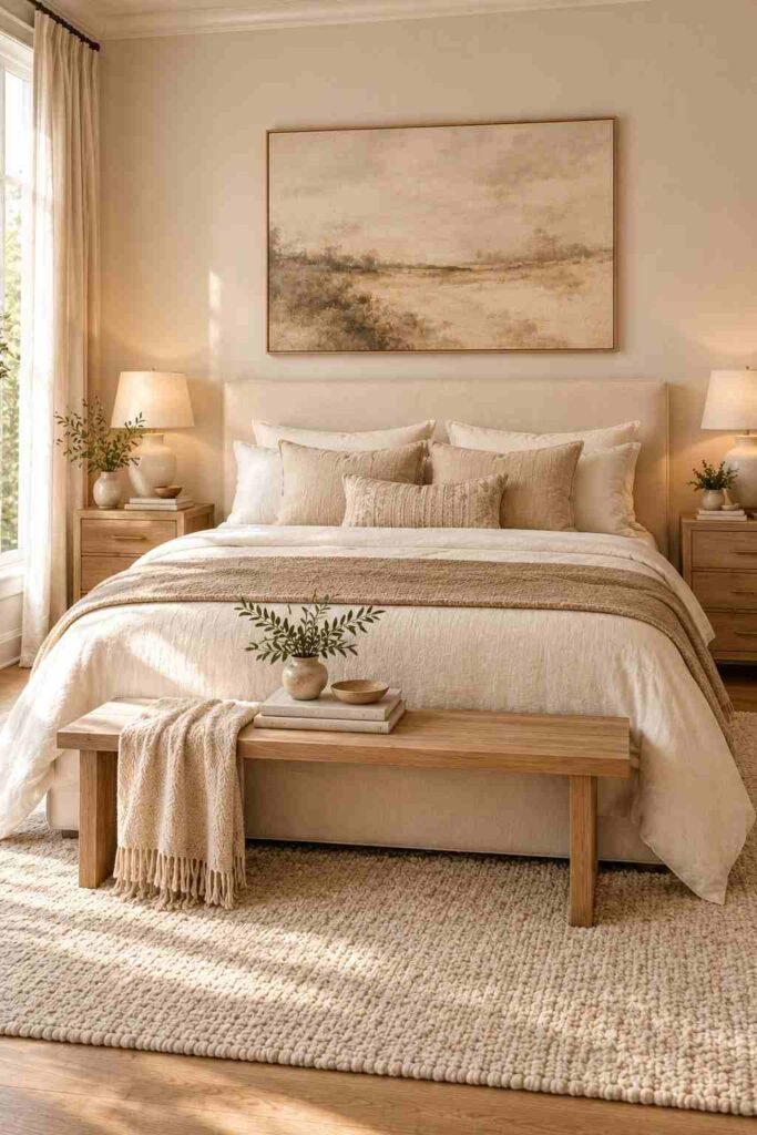 Neutral abstract wall art above a cream bed in a sophisticated bedroom