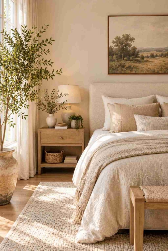Green plants and leafy branches adding freshness to a neutral bedroom