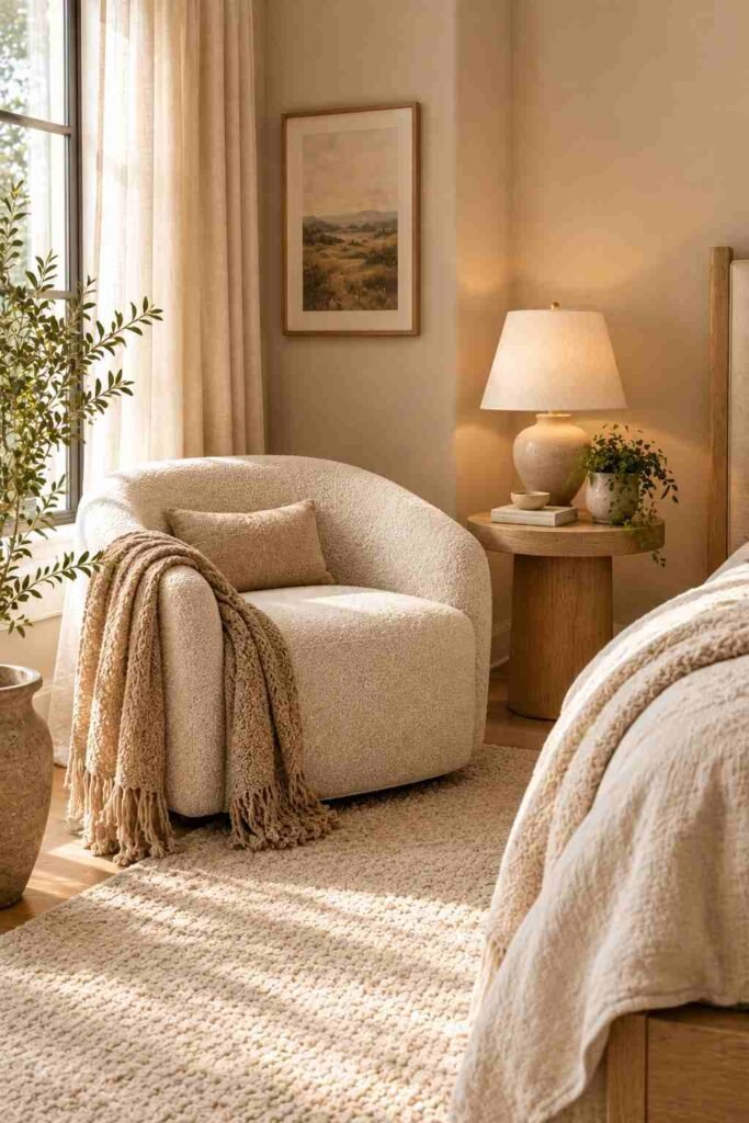 Oatmeal accent chair with wooden table and warm lamp in a cozy bedroom